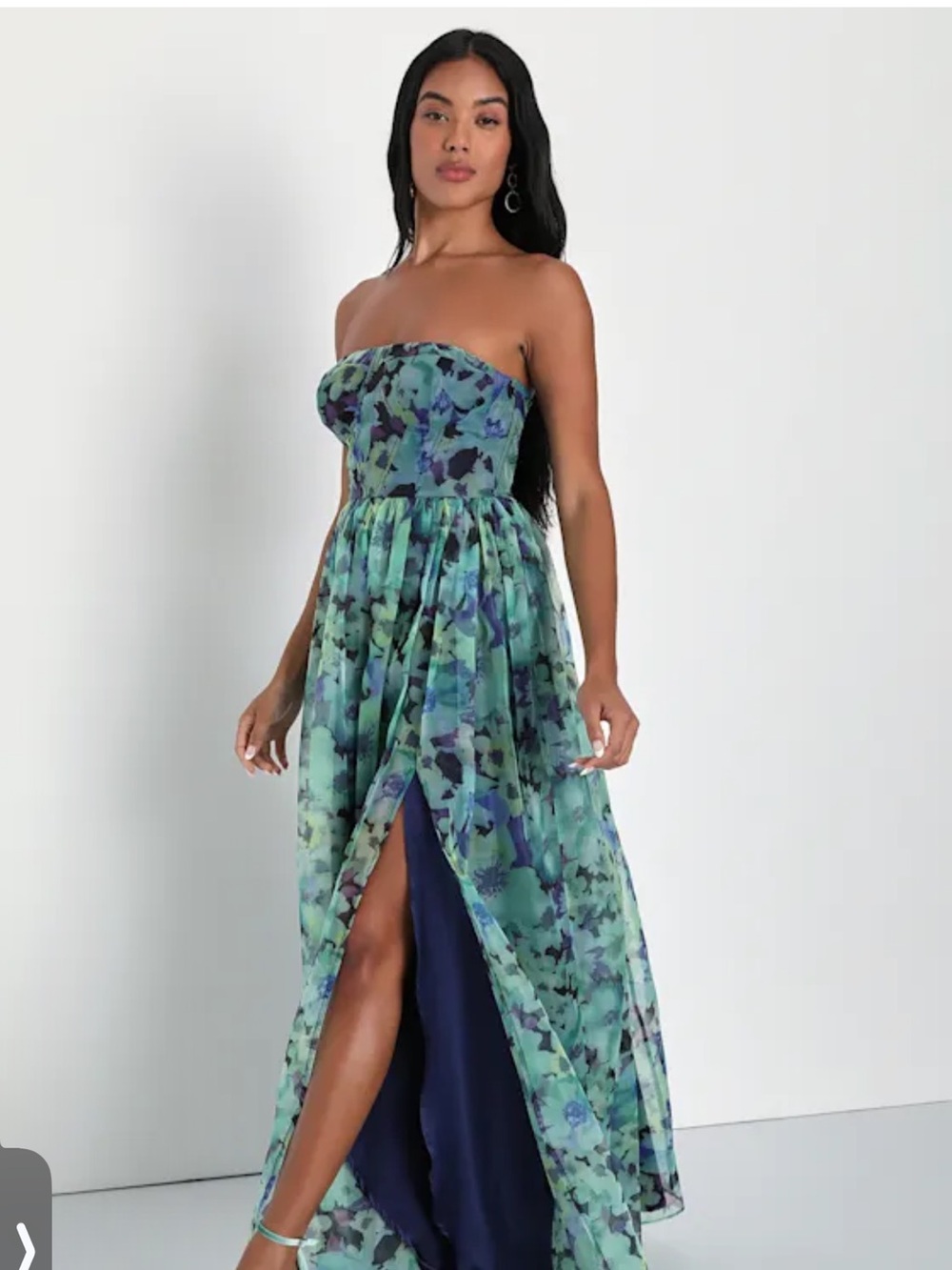 Lulu's Strapless Blue-Green Floral Maxi Dress with Front Slit